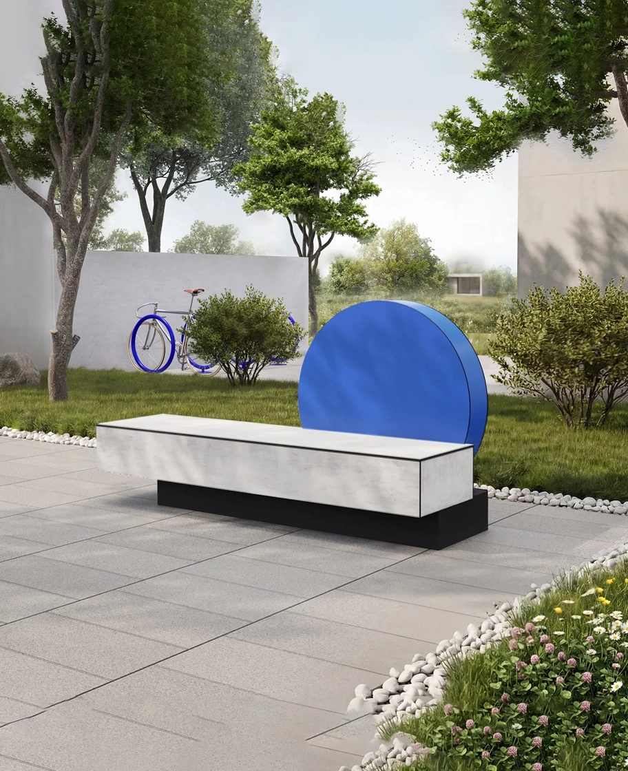 Городская скамья «Супрематизм» с круговым акцентом из металла и HPL