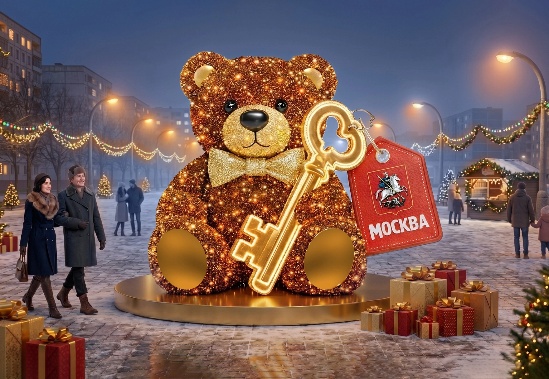 Световая фигура «Мишка с ключом» с биркой и тёплой подсветкой