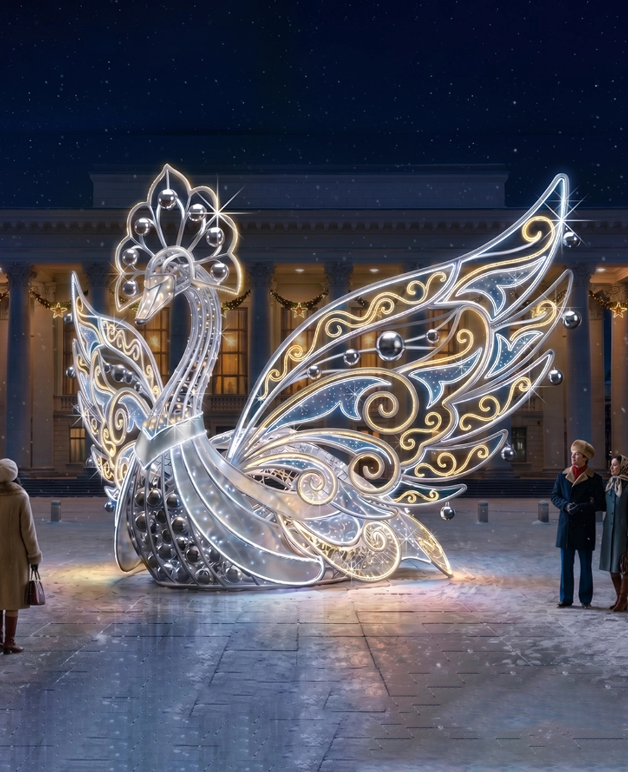 Крупный световой арт-объект «Птица счастья» с ажурными крыльями