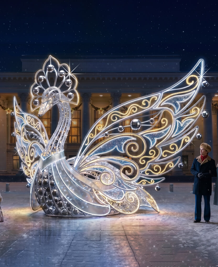 Крупный световой арт-объект «Птица счастья» с ажурными крыльями
